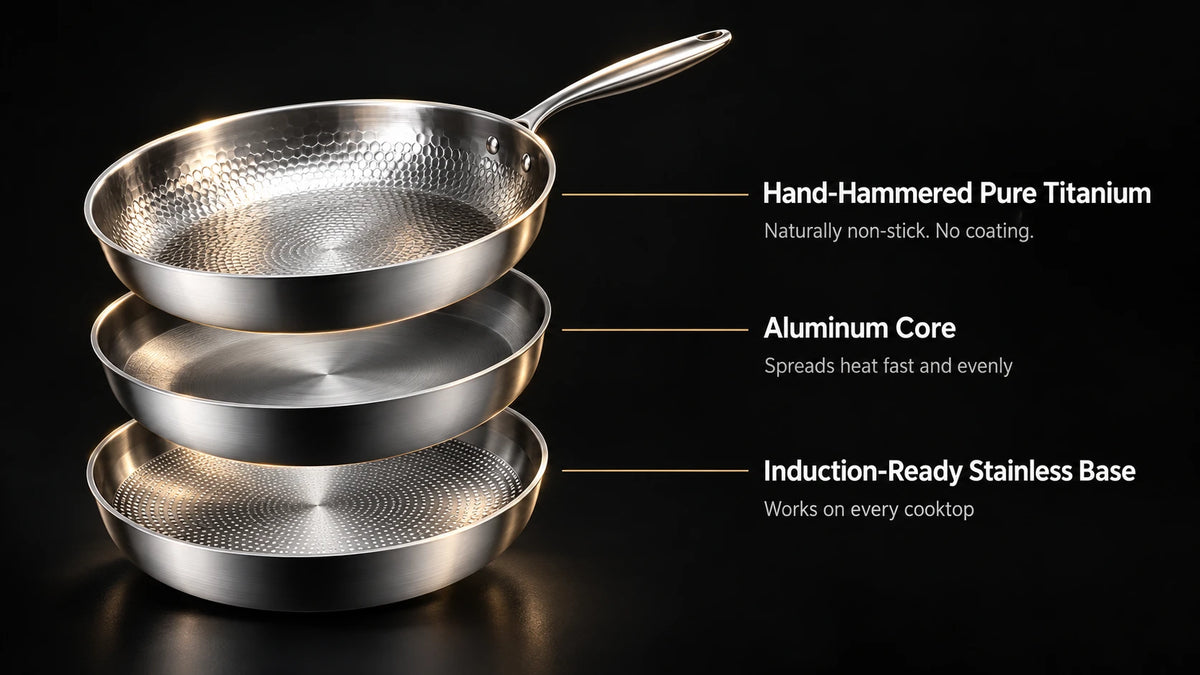 Hand-Hammered Pure Titanium: Naturally non-stick. No coating. Aluminum Core: Spreads heat fast and evenly. Induction-Ready Stainless Base: Works on every cooktop.